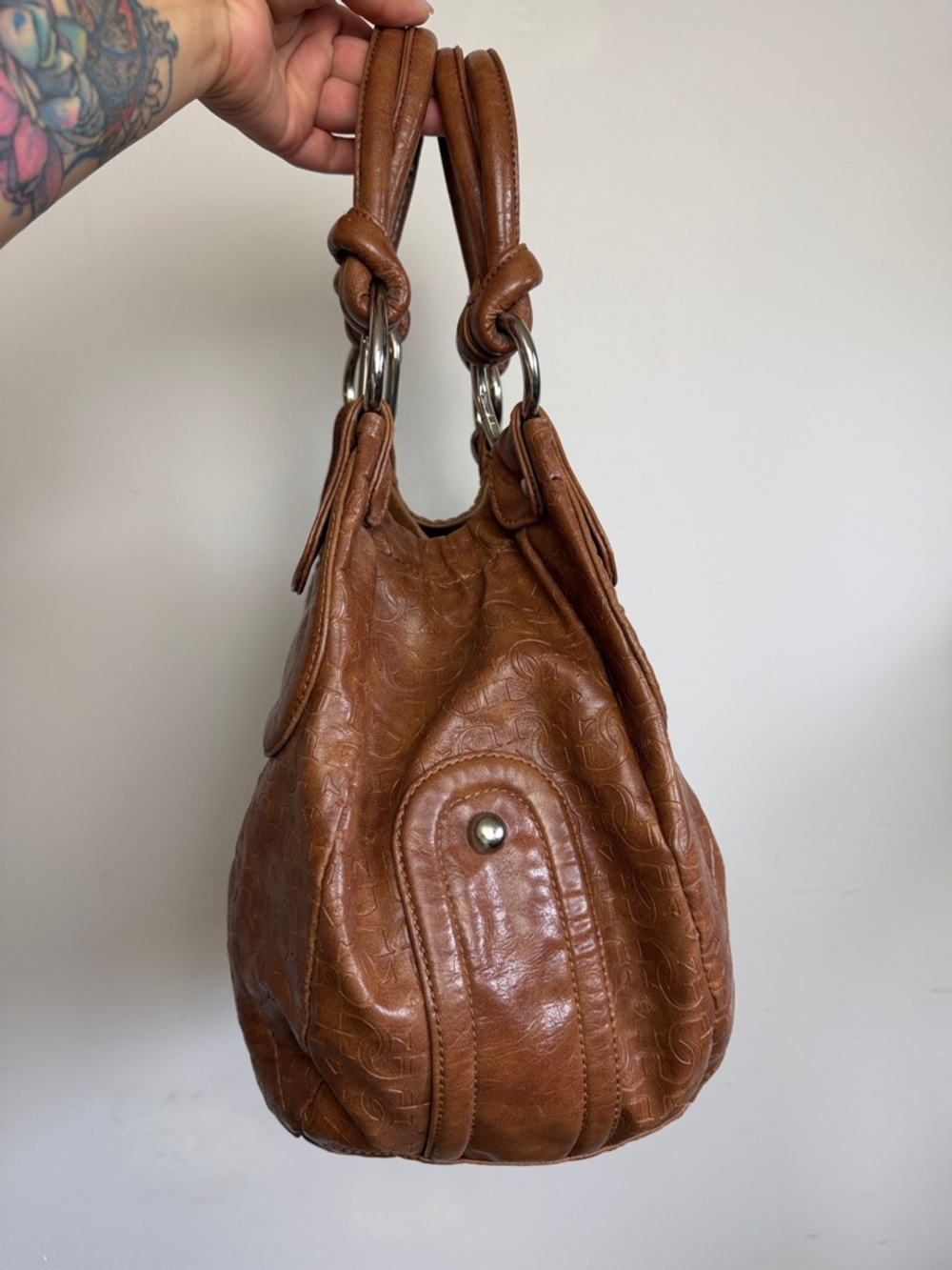 GUESS Vintage Brown Leather Hobo Bag Monogram Logo Y2K Shoulder Bag - Picture 3 of 14
